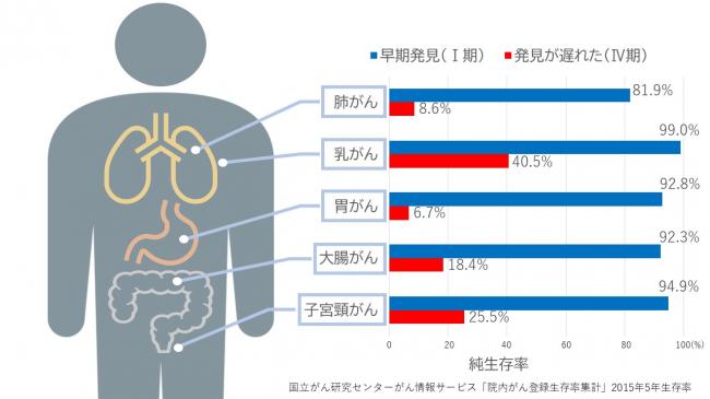 Ⅰ期（早期がん）とⅣ期（進行がん）に発見さ れた場合の純生存率の違いを表したものです。肺がんはⅠ期では81.9％、Ⅳ期では8.6%、乳がんはⅠ期では99.0%、Ⅳ期では40.5%、胃がんはⅠ期では92.8%、Ⅳ期では6.7%、大腸がんはⅠ期では92.3%、Ⅳ期では18.4%、子宮頸がんはⅠ期では94.9%、Ⅳ期では25.5%です。