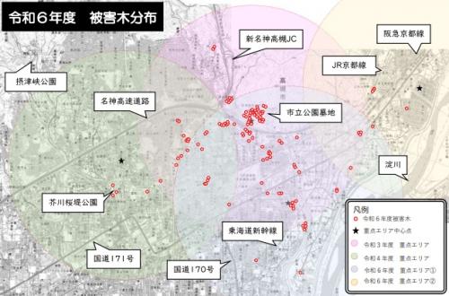 令和6年度の高槻市内におけるクビアカツヤカミキリ被害木分布図