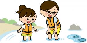 川遊びをする女の子とお父さんのイラスト