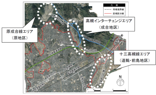 沿道まちづくりの対象地区は、原成合線エリア、高槻インターチェンジエリア、十三高槻線エリアの3地区