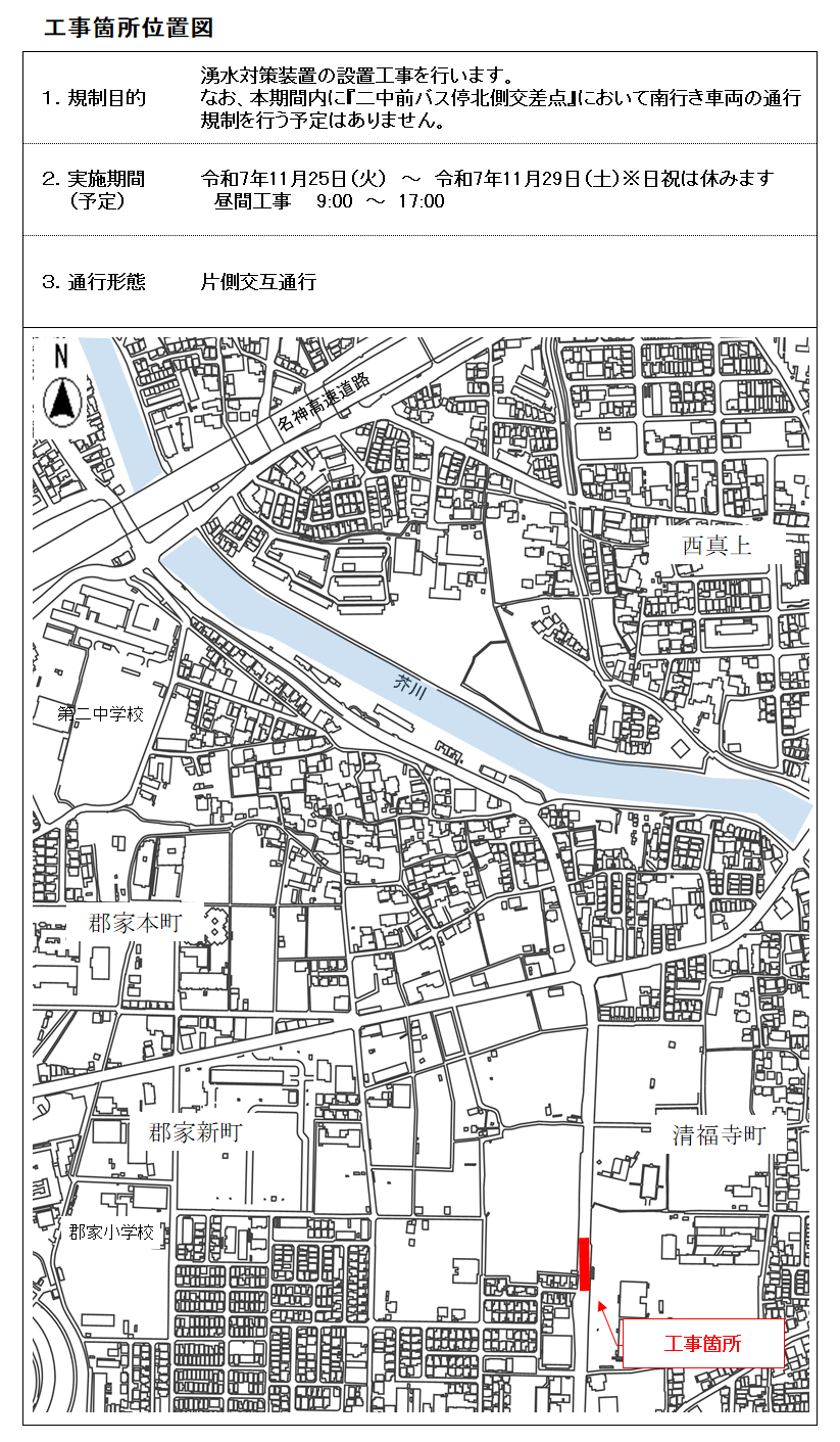 令和7年11月25日火曜日から令和7年11月29日土曜日頃までの期間において、川西交番付近で湧水対策の設置工事を行います。9時から17時まで実施します。作業時は片側交互通行となります。ご迷惑をおかけしますが、ご理解とご協力をお願いいたします。