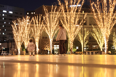 イルミネーションを見る親子