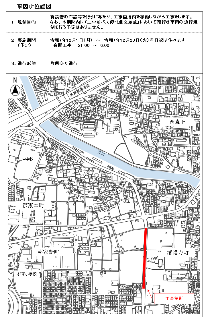 令和7年12月1日月曜日から令和7年1２月23日火曜日頃までの期間において、せいふくじ交差点南側から川西交番付近まで新設管の布設等を行います。21時から6時まで実施します。作業時は片側交互通行となります。ご迷惑をおかけしますが、ご理解とご協力をお願いいたします。