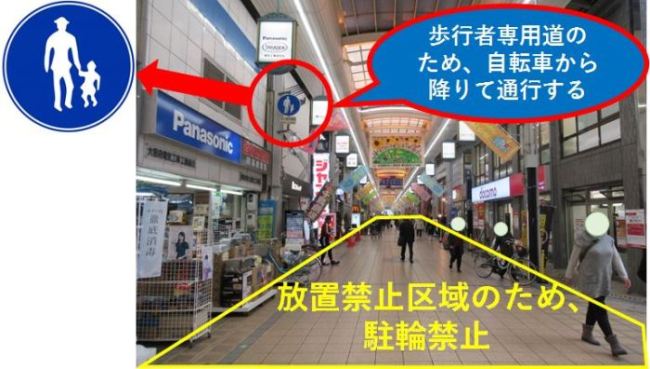 商店街は歩行者専用道、放置禁止区域という写真