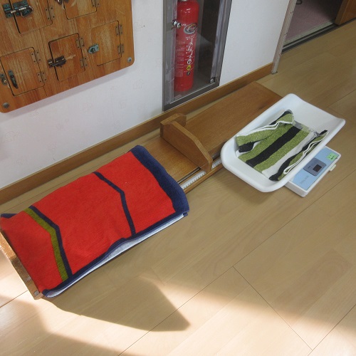 赤ちゃん用の身長計、体重計の計測器の画像