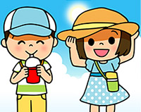 熱中症対策のために飲み物を飲んだり、帽子をかぶっている男の子と女の子のイラスト