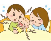 夜泣きをする赤ちゃんに困る両親のイラスト