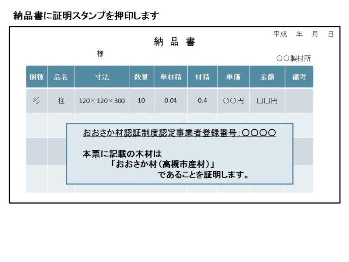 たかつき産材の証明書の例ー納品書に証明スタンプを押印します。