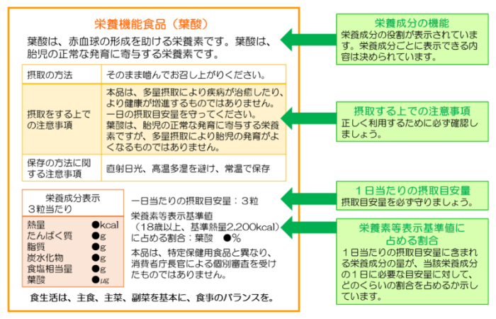 栄養機能食品表示例（栄養成分の機能、摂取するうえでの注意事項、一日当たりの摂取目安量、栄養素等表示基準値に占める割合）