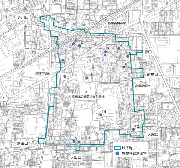 城下町エリアの景観登録建造物位置図