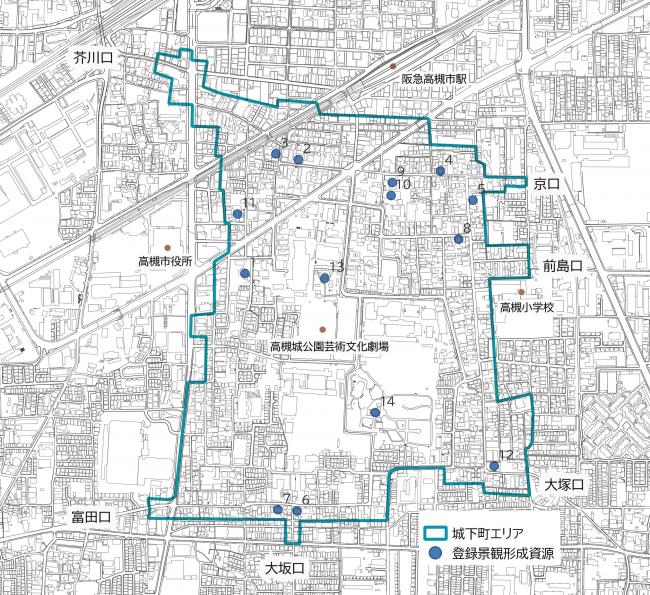 城下町エリアの登録景観形成資源位置図
